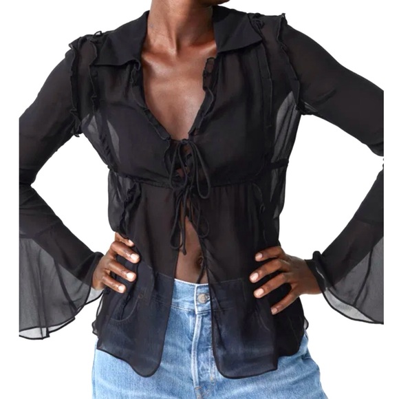And OTHER STORIES Black Frilled Tie Front Flare Sleeve Sheer Blouse Size 2 - Picture 1 of 11
